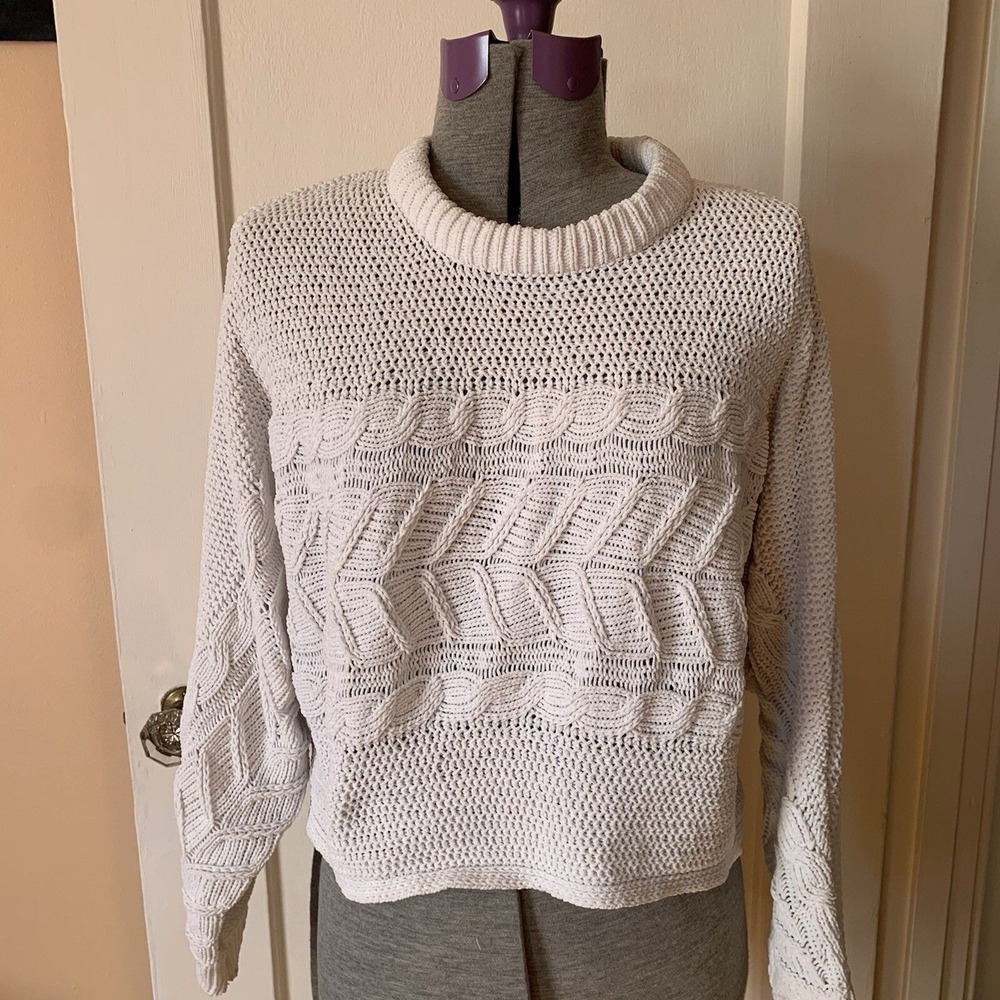 Derek Heart Womens White Chenille Cable Knit Batwing Crop Sweater Large